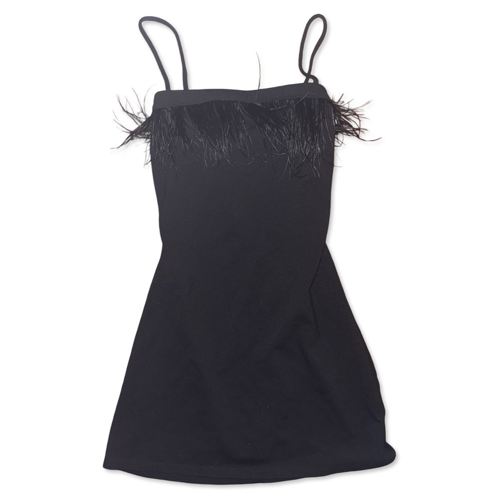Chic black mini dress with feather trim detail | small | NWOT